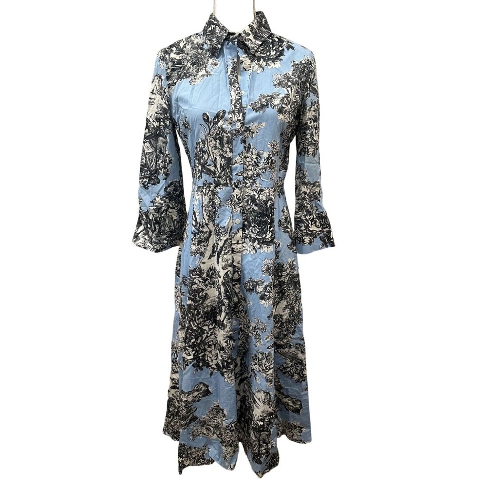 ZARA Blue Antique Toile Button Shirt Dress Size Medium